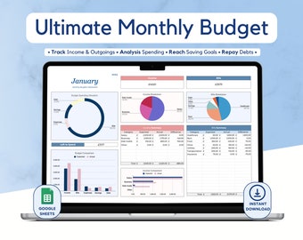 Ultimate Monthly Budget Spreadsheet Template for Google Sheets - Personal Finance Digital Planner; Bills, Expenses, Debt & Savings Tracker