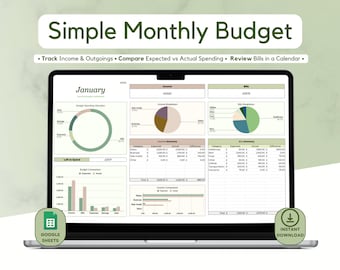 Simple Monthly Budget Spreadsheet Template for Google Sheets; Digital Planner; Personal Finance; Spending & Expense Tracker; Bill Calendar