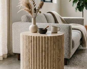 Marble Side Table, Natural Stone Accent Table, Round Fluted End Table, Luxury Modern Coffee Table, Minimalist Living Room Decor