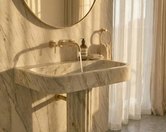 Lavabo de pedestal de mármol de lujo, lavabo de baño de piedra natural, lavabo minimalista moderno, elegante diseño de decoración para el baño.