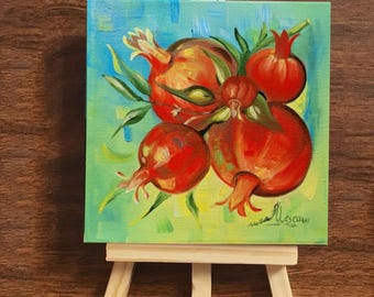 Original Oil Painting Pomegranates – Oriental Style Wall Art, 20x20 cm, Small Canvas Painting, Handmade in Greece, Colorful Home Decor