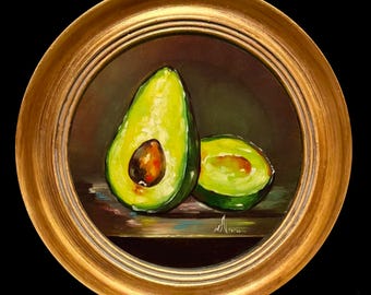 Aguacate, pintura al óleo redonda original, arte mural pintado a mano. Pintado en Grecia.