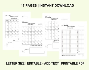 Paquete imprimible de retos de ahorro / Rastreador de ahorros y planificador de presupuesto en PDF / Descarga instantánea