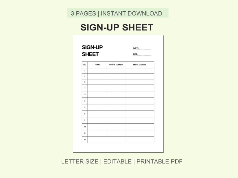 Printable Signin List Sign up Sheet Signin Sheet Instant Etsy