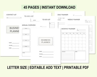 May include: A printable business planner with 45 pages. The planner includes sections for contact lists, to-do lists, daily, weekly, and monthly planning. The planner is letter size and editable.