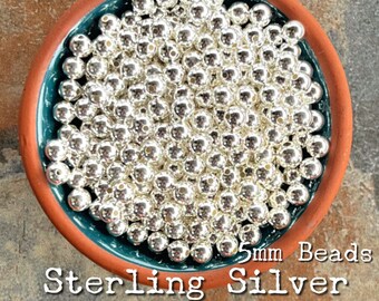 5mm Sterling Silver Beads 1.3 mm Hole, Wholesale Lot .925 Seamless Smooth Round Spacer Beads, Jewelry Making Bracelets Necklaces Rings