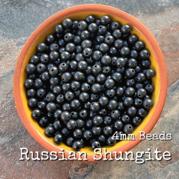 Shungite russe - Perles rondes lisses de 4 mm - Véritable, naturelle et non traitée - Perles de Russie en pierres précieuses de haute qualité - Fabrication et conception de bijoux