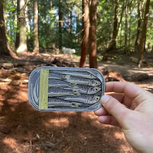 iron-on 5” x 3” embroidered “Sardine Can” patch.