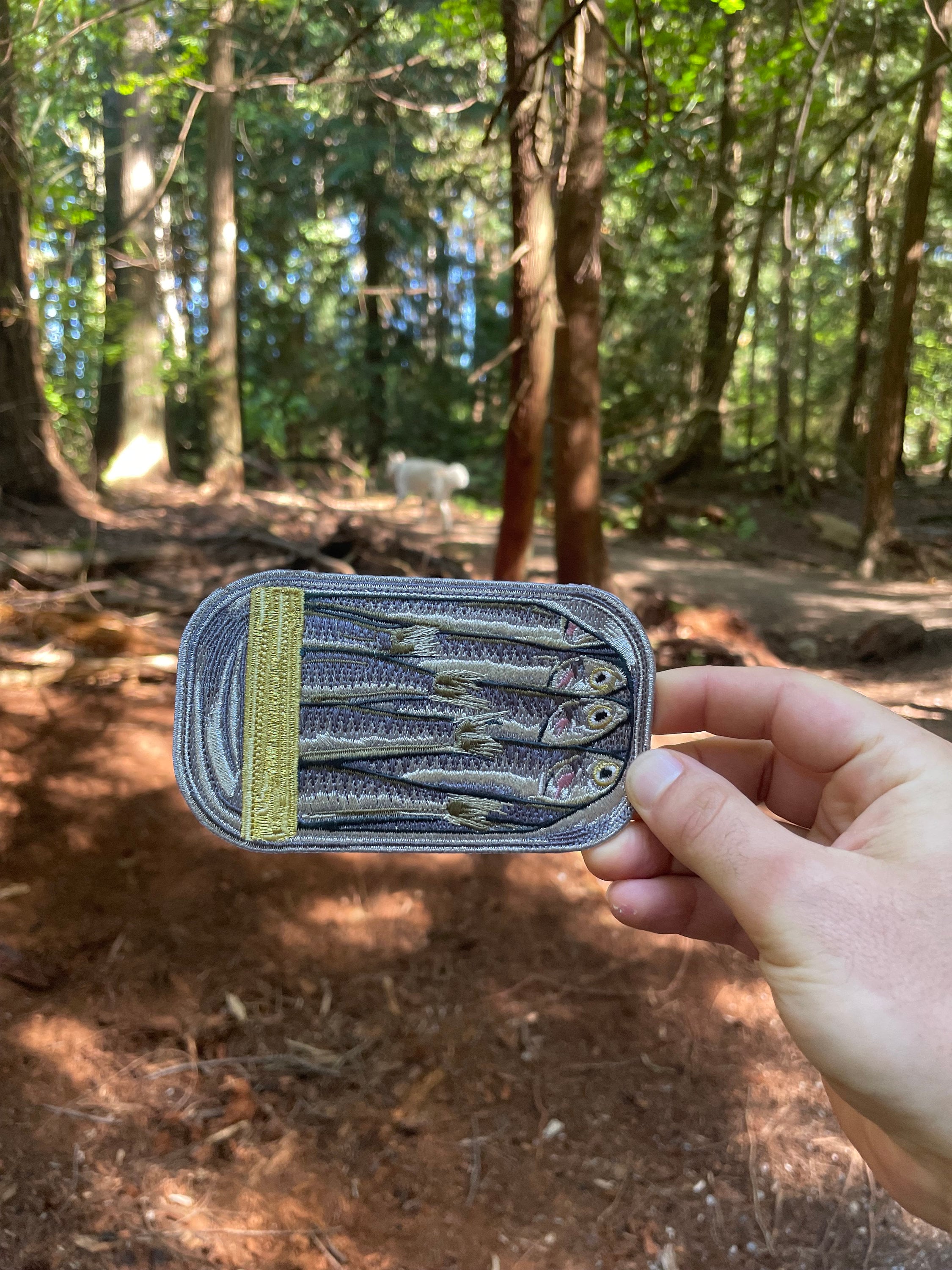 iron-on 5” x 3” embroidered “Sardine Can” patch.
