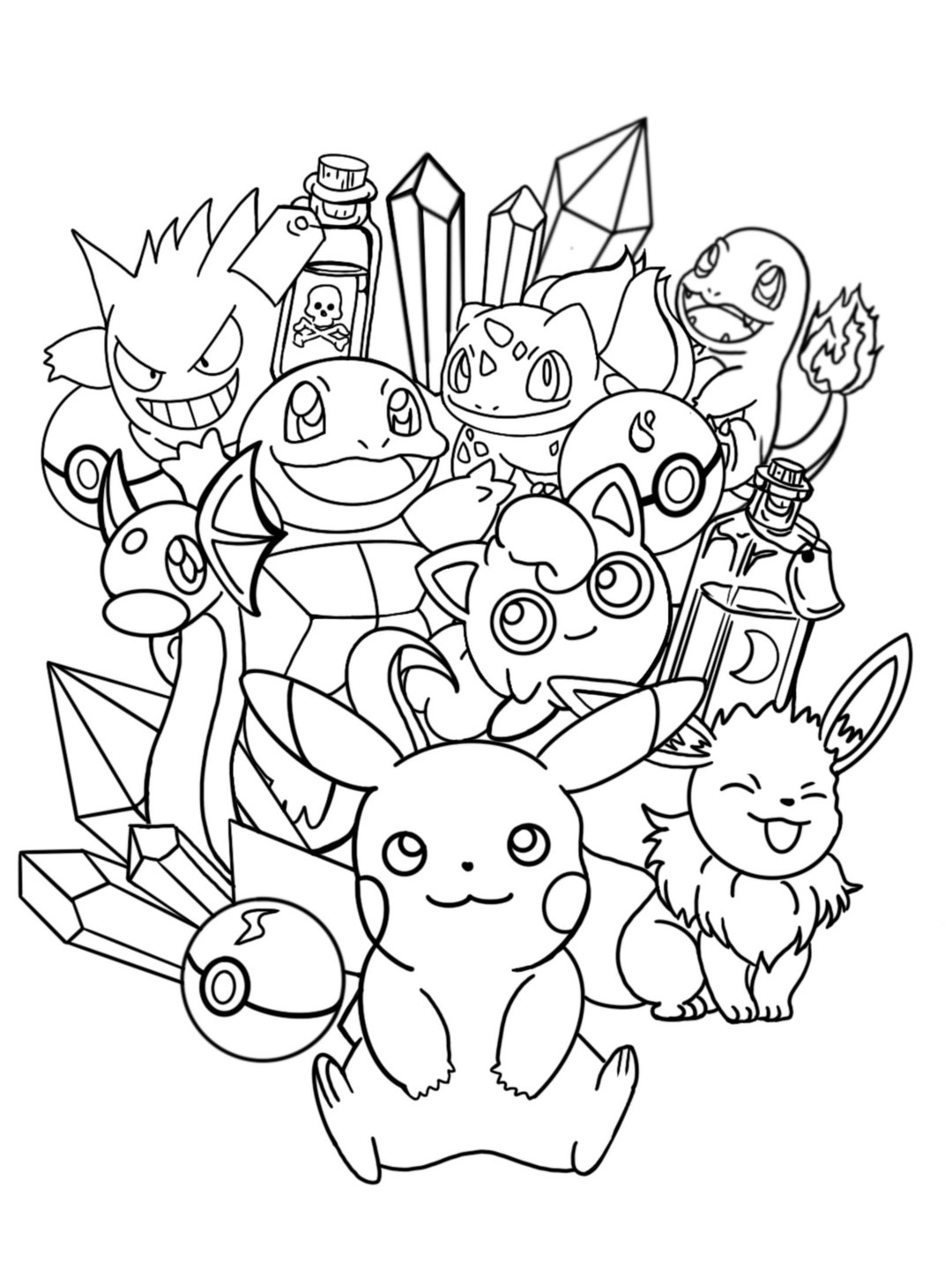 Pokemon Coloring Page Feat Pikachu And Friends With Crystals And 