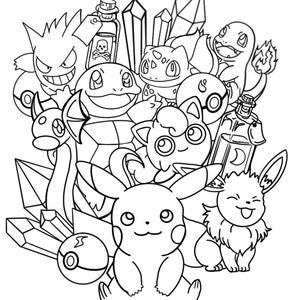 Pikachu & friends, with Crystals/ potions (Coloring Page)