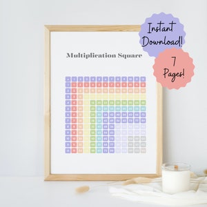May include: A printable multiplication chart in a light wood frame. The chart is a square with numbers 1 through 12 on each side. The numbers are in a rainbow color scheme. The chart is titled "Multiplication Square".