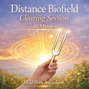May include: An image with the text "Distance Biofield Clearing Session 30 Minutes". A hand holds a silver tuning fork against a backdrop of a bright, golden light emanating from a central point, with concentric circles around it. The text "Heal from Anywhere" is at the bottom.