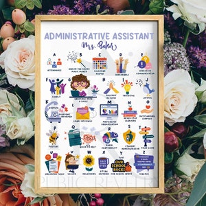 Pode incluir: Um gráfico de alfabeto colorido com ilustrações e palavras que descrevem as qualidades de um assistente administrativo. O gráfico é intitulado "Administrative Assistant Ms. Baker" e inclui a frase "Our School Rocks!"
