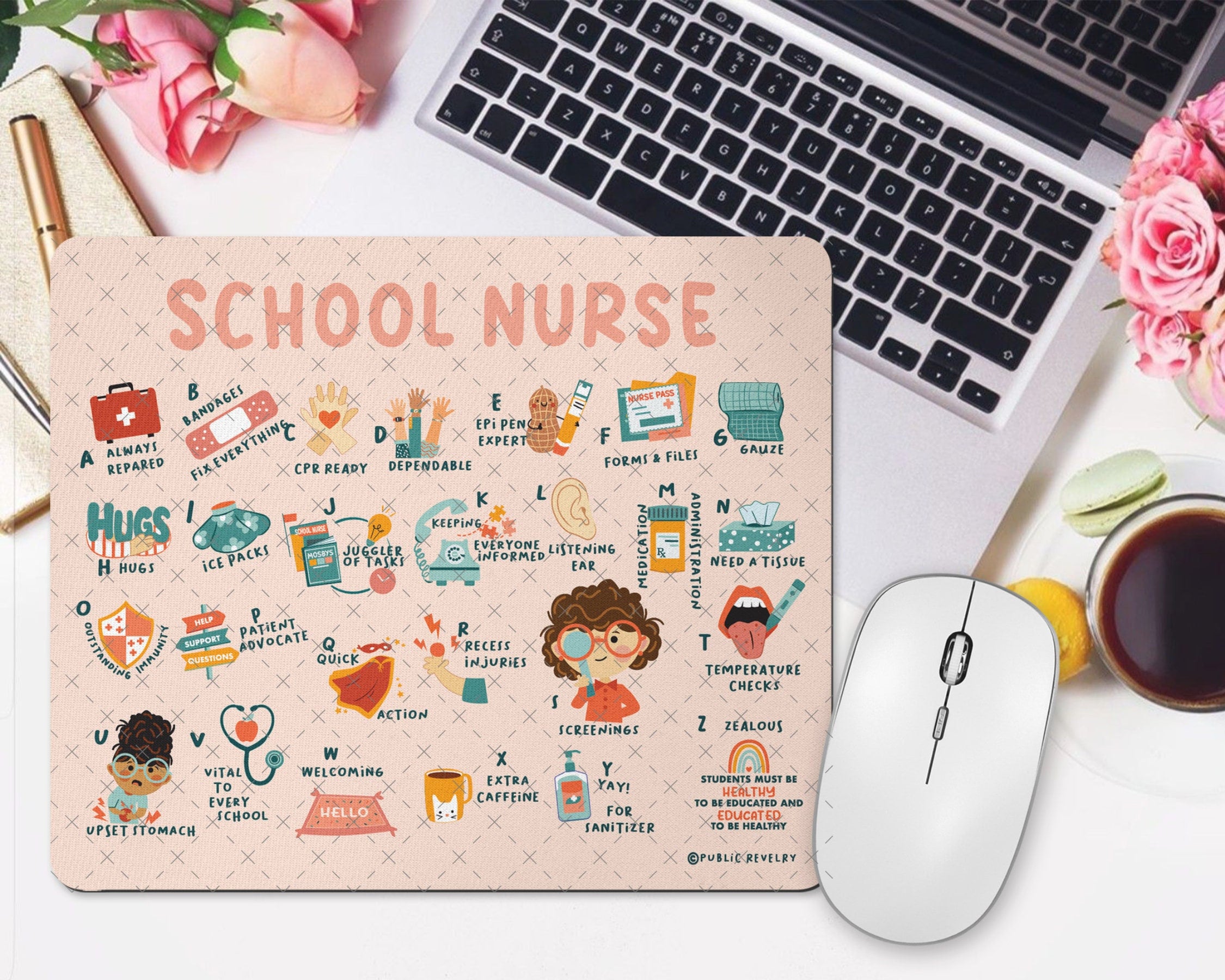 School Nurse Deskpad, Pink Mousepad, Green Desk Mat Cute, Nurse Office Decor, Appreciation Gift for Nurse Cute Mousepad for Coworker Gift