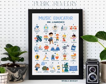 May include: A framed print titled "Music Educator Mr. Lawrence" with an alphabet of music-related words and illustrations. The print features colorful drawings of musical instruments, notes, and other music-related items. The background is white with black polka dots.