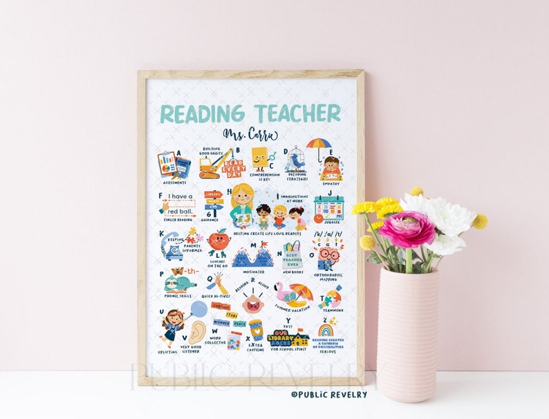Reading Teacher Gift, Elementary Classroom Decor, Gift for School Teacher End of Year Gift for Staff Appreciation Teacher Alphabet Print