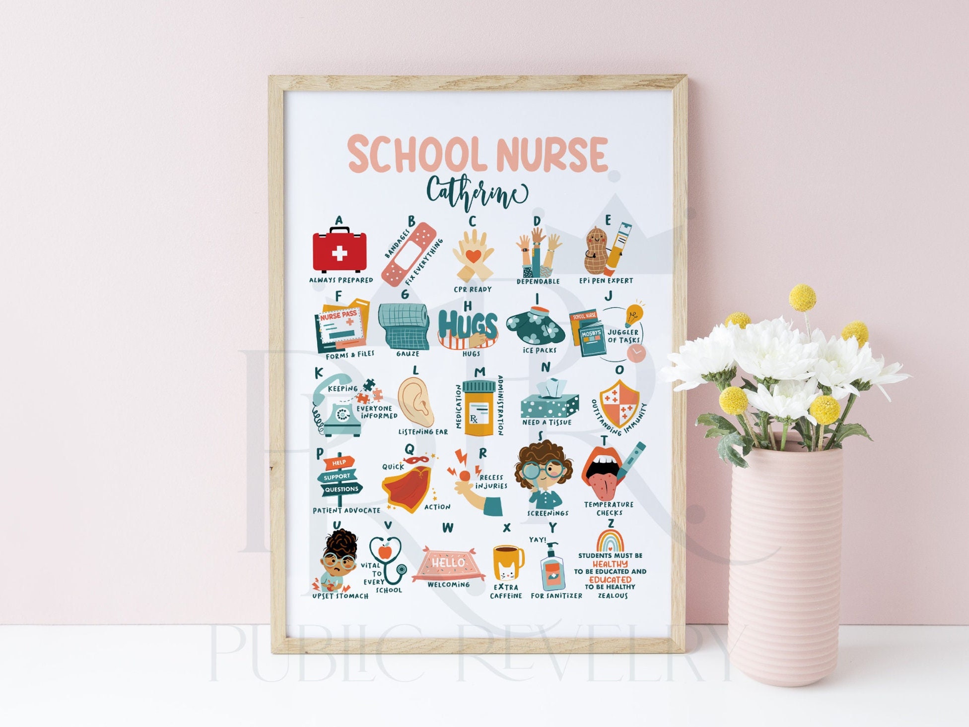 School Nurse Wall Art, Nurse Alphabet Print, School Nurse Office Decor
