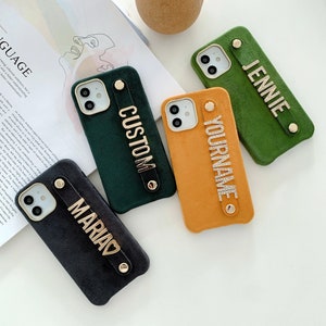 Funda para iPhone con nombre personalizado / Cuero de cachemira de lujo con letra de metal personalizada / Cubierta protectora elegante para iPhone 12, 11, 13 Pro Max