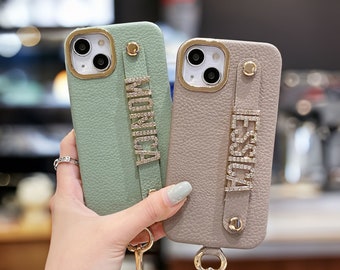 Personalized Name PU Leather iPhone Case with Strap | Diamond Metal Letter Monogram Cover | Fits iPhone 11, 12, 13, 14, 15 Pro Max Plus