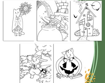 Halloween Themed Coloring Pages Printable 5 Pages | Cute Spooky Coloring Pages Printable 5 Pages