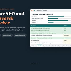 May include: A digital SEO and AEO tracker for Google Sheets and Excel featuring a checklist interface with progress bars, task status columns, and navigation tabs. The text reads Your SEO and AI search tracker, Plan keywords, log AI mentions.