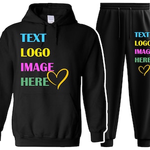 Custom Logo Set Top and Bottom Matching Tracksuit, Your Logo & Photo on a hooded Sweatsuit, Personalised Hoodie and Joggers 2 Piece Gift Set