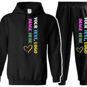 Custom Full Set Top and Bottom Matching Tracksuit, Your Logo & Photo on a hooded Sweatsuit, Personalised Hoodie and Joggers 2 Piece Gift Set