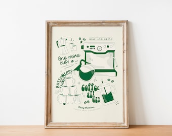 Coffee All Day Poster / Retro Quote Coffee Art Print / Kitchen Wall Art / Illustrated Coffee Wall Decor / Trendy Poster