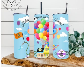 Adventure is out there, Cartoon House with Balloons PNG Tumbler Wrap