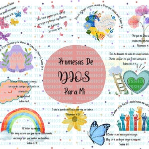Peut inclure: Une impression num&eacute;rique color&eacute;e avec un arc-en-ciel, des papillons et un c&oelig;ur avec une &eacute;chelle. L'impression pr&eacute;sente plusieurs versets bibliques sur les promesses de Dieu. Le titre de l'impression est "Promesas De Dios Para Mi".