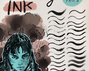 May include: Illustration titled "Everything Ink" featuring a portrait of a person with teal skin and dark hair. The image includes a teal circle with the text "33 inks" and examples of black ink brush strokes.