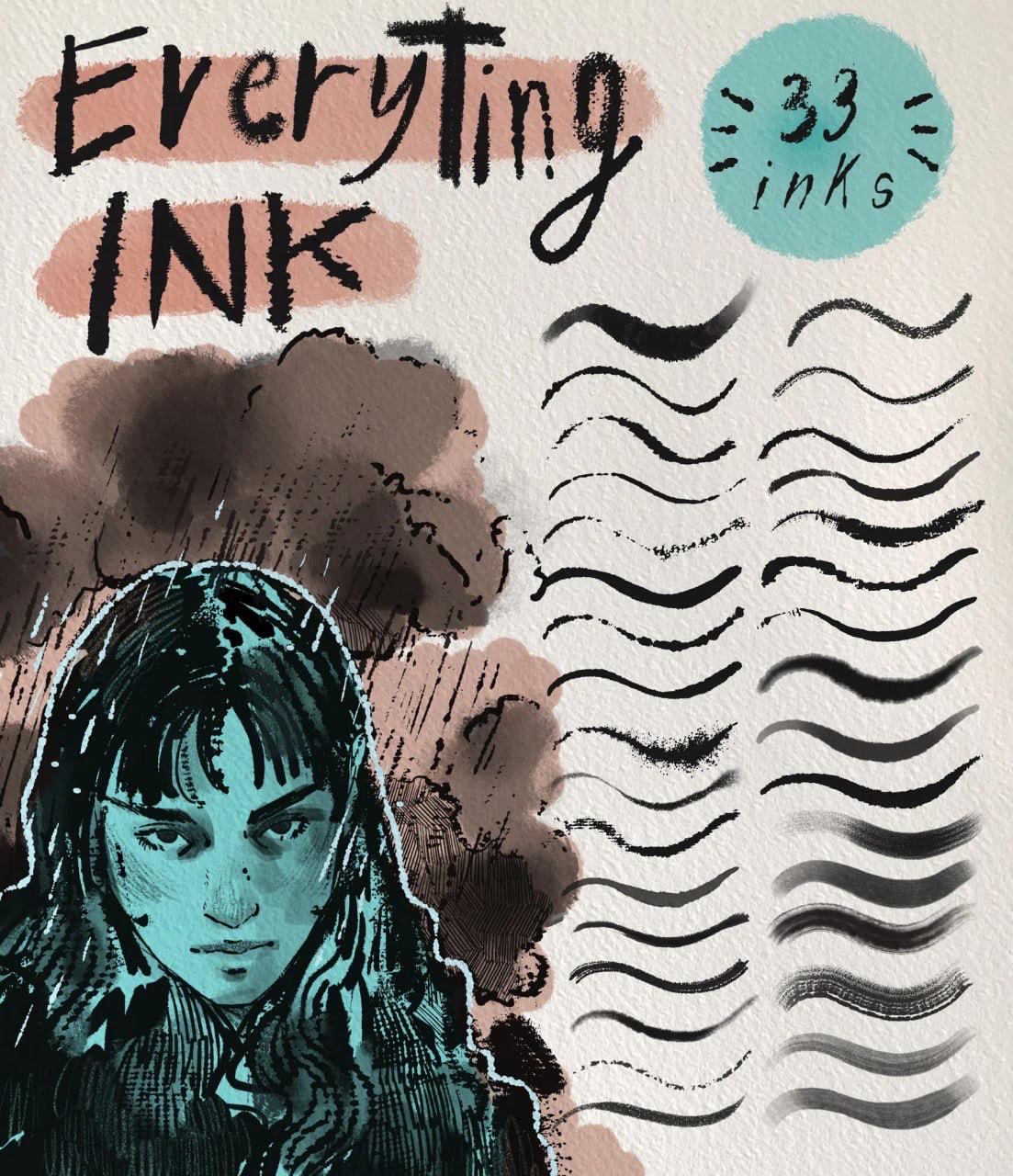 Everything Ink Brush Set para Procreate – 33 pinceles premium de entintado y marcador
