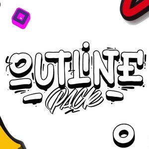 May include: White background with the words "OUTLINE PACK" in a graffiti style. The text is outlined in black with white fill and black drop shadows. Accompanying graphics include a pink square and other abstract shapes.