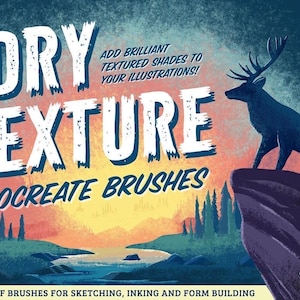 May include: Digital art advertisement for Procreate brushes. The image features the words "DRY TEXTURE PROCREATE BRUSHES" in a bold, textured font. A silhouette of a deer stands on a cliff overlooking a landscape. Text reads "Add brilliant textured shades to your illustrations!"
