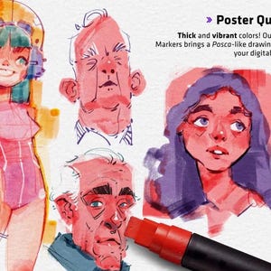 Könnte beinhalten: Illustration von vier Aquarellporträts in Rot-, Rosa- und Lilatönen. Das Bild enthält einen roten Marker und den Text "Poster Quality" und "Dicke und lebendige Farben! Unsere Acrylmarker vermitteln ein Posca-ähnliches Zeichengefühl auf Ihrer digitalen Leinwand."