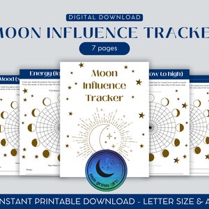Könnte beinhalten: Druckbarer Mond-Einfluss-Tracker mit sieben Seiten. Das Cover zeigt einen goldenen Halbmond mit einem Sternenausbruch-Design und einen blauen und grünen Kreis mit einer Halbmondgrafik. Der Text "Moon Influence Tracker" ist in goldenen Buchstaben.