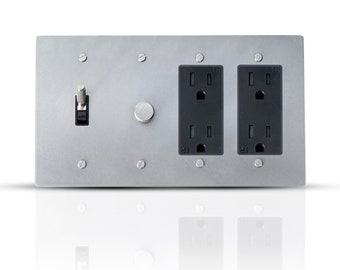 Elegant stainless steel toggle, dimmer and double outlet combo for stylish home decor