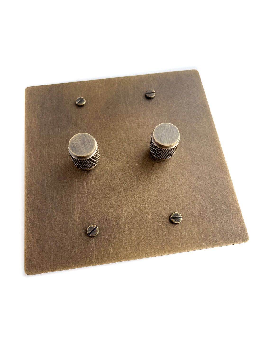 Double Dimmer Brushed Brass Switch Plate Chic Lighting Control, Knurled Antique Brass Knobs, for