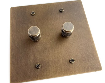 Double dimmer brushed brass switch plate - chic lighting control, knurled antique brass knobs, for home lighting