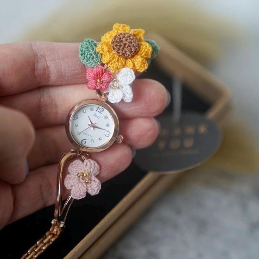 Sunflower Mix Crochet Watch, Handmade Floral Bracelet Jewelry