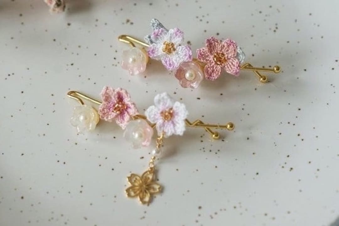 Micro Crochet Cherry Blossom Hair Clips, Handmade Floral Barrettes