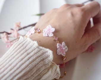 Handmade Micro Crochet Sakura Bracelet , Pink Cherry Blossom