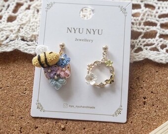 Ladybird flower Dangle earrings, Bumblebee amigurumi, Bugs earrings, Kawaii jewelry, Easter gifts Honeybee, Gifts for her, Spring jewelry