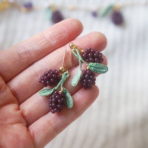 Handmade Micro Crochet Blackberry Earrings, Berry Dangle Jewelry, Minimalist Earrings, Birth Gifts, Personalized Gifts for Her, Minimalist