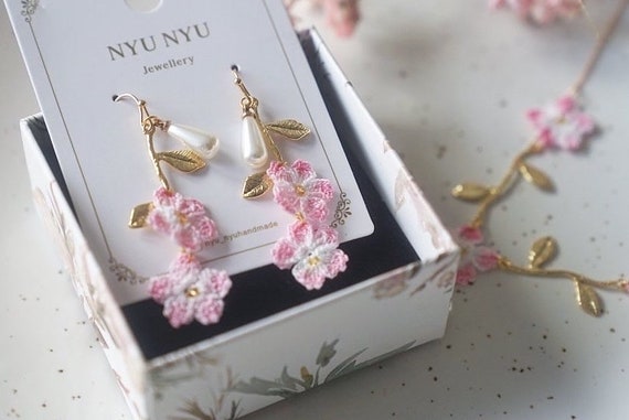 Pink cherry blossom earring Crochet jewelry Sakura earrings Fresh water Pearl Dangle earrings Handcrafted jewelry Gifts for her Etsy