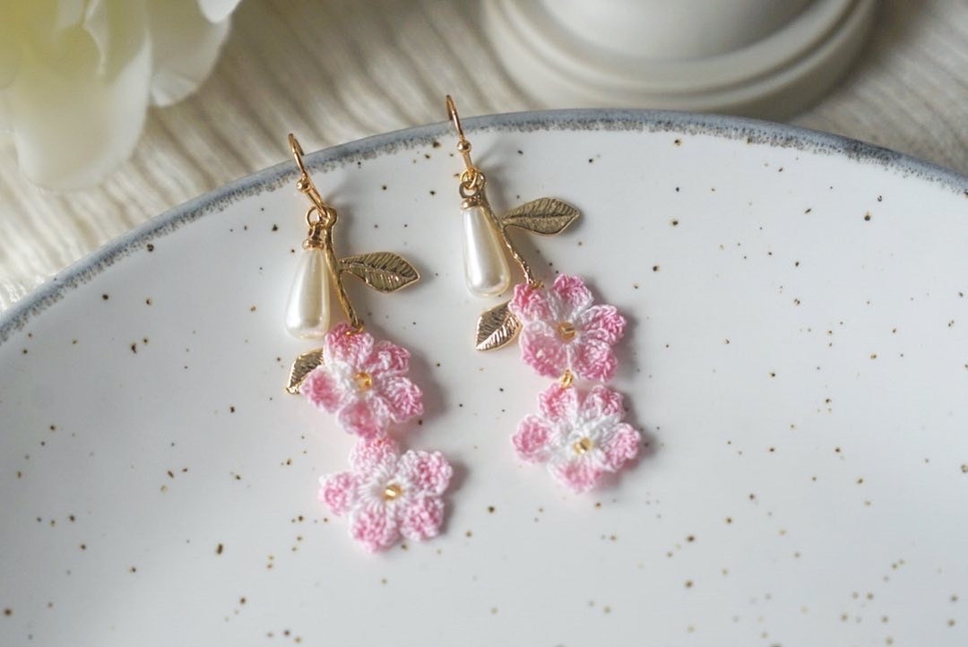 Hand-crocheted Cherry Blossom Earrings With Freshwater Pearls, 14K