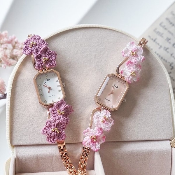 Cherry blossoms bracelet watch, watch strap, Sakura bracelet, Unique women watch, Floral gifts for her, Easter gifts, Microcrochet, Spring