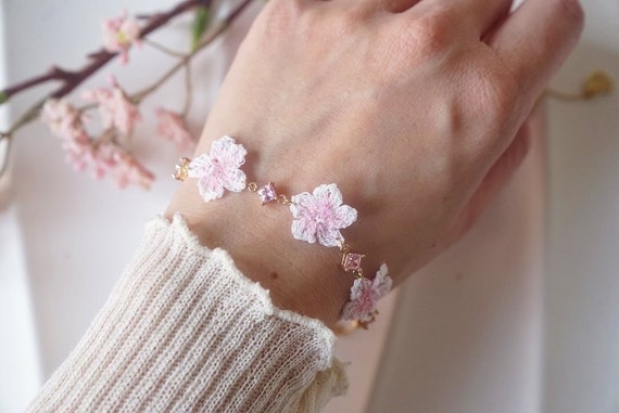 Handmade Micro Crochet Sakura Bracelet, Pink Blossom Jewelry - Etsy