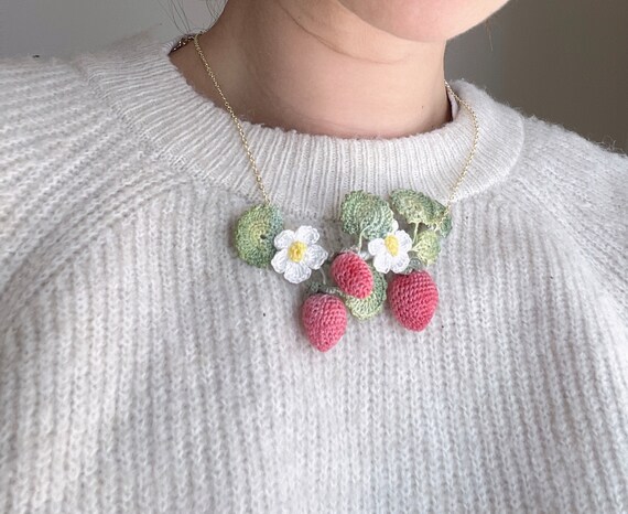 Micro Crochet Strawberry Flower Necklace, 14K Gold Plated Chain - Etsy